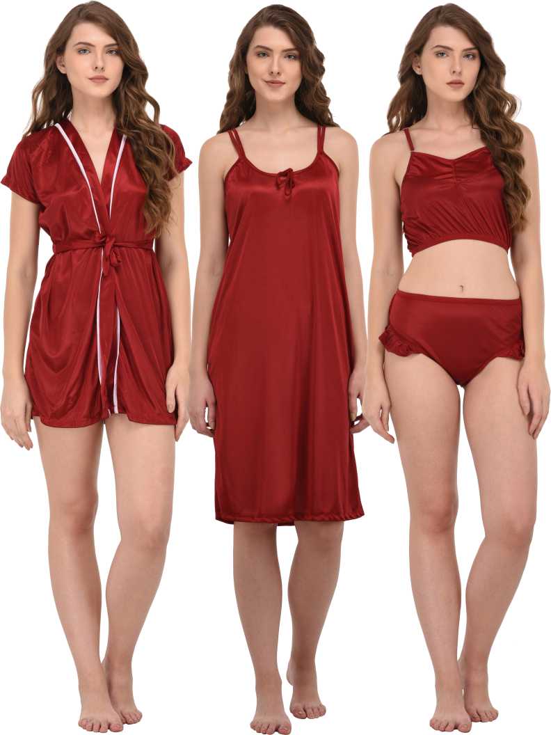 Bridal Nighty Set Maroon 4 Pieces