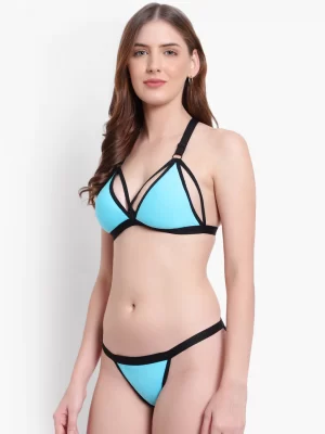 Blue Solid Designer Bikini Bra Set