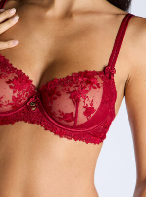 Romanza Sheer Embroidered Balconette Bra - Dark Red