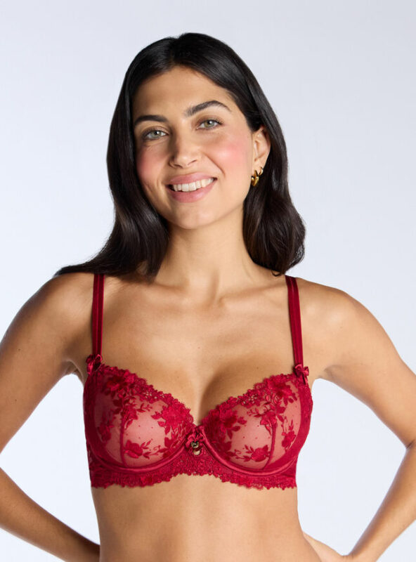 Romanza Sheer Embroidered Balconette Bra - Dark Red