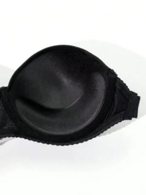 Black Glossy Half Cup Thick Padded Underwire Bra With Transparent Straps