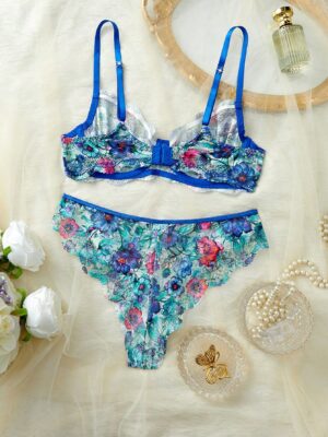 Women's Sexy Underwear Colorful Floral Ultra-Thin Printed Bra Set