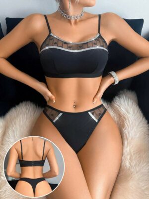 Women's Black Silver Thread Lingerie Set Heart Mesh Sexy Bra And Panty