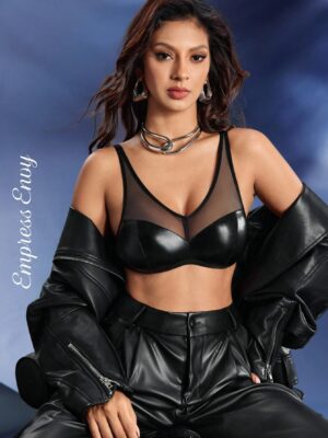 Empress Envy Black PU Sheer Patchwork Wireless Bralette Lingerie Bra