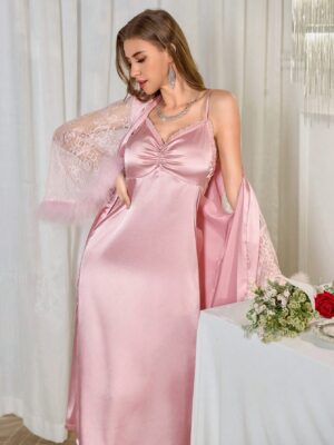 LuxeNights Feather Decor Lace Patchwork Flare Sleeve Nightgown Set