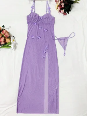 Sexy Women Mesh Nightdress Set With Underwire G-String