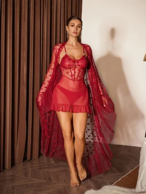 Women's Sexy Heart Mesh Patchwork Ruffle Trim Camisole Dress