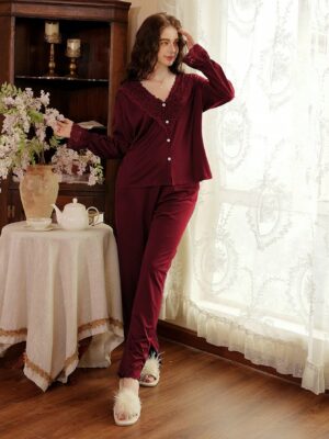 Côtesoire 2pcsSet Ladies Elegant Lace Trim V-Neck Sleepwear