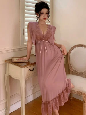 DAZY Lace Splicing Solid Color Perspective Backless Sexy Nightdress