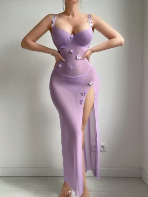 Sexy Women Mesh Nightdress Set With Underwire G-String