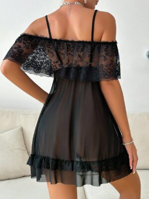 Contrast Lace Cold Shoulder Ruffle Trim Mesh Sexy Pajama Night Dress