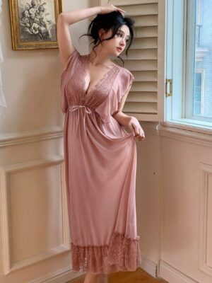 DAZY Lace Splicing Solid Color Perspective Backless Sexy Nightdress