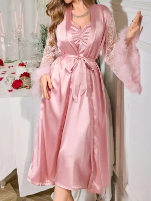 LuxeNights Feather Decor Lace Patchwork Flare Sleeve Nightgown Set