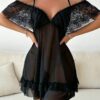 Contrast Lace Cold Shoulder Ruffle Trim Mesh Sexy Pajama Night Dress