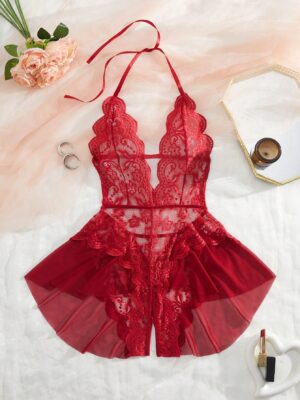 Women's Open Crotch Lace Decorated Backless Halter Neck Sexy Bodysuit