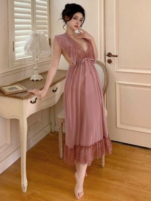 DAZY Lace Splicing Solid Color Perspective Backless Sexy Nightdress