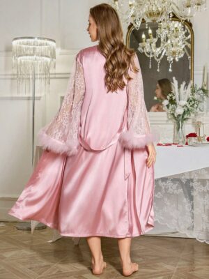 LuxeNights Feather Decor Lace Patchwork Flare Sleeve Nightgown Set