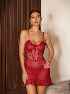 Women's Sexy Heart Mesh Patchwork Ruffle Trim Camisole Dress