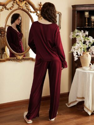 Côtesoire 2pcsSet Ladies Elegant Lace Trim V-Neck Sleepwear