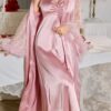 LuxeNights Feather Decor Lace Patchwork Flare Sleeve Nightgown Set
