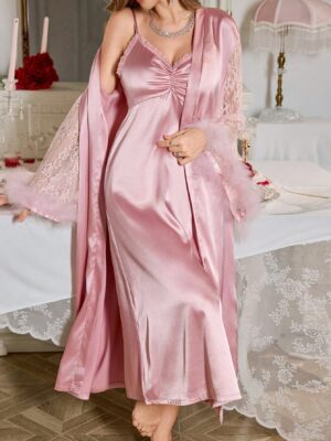 LuxeNights Feather Decor Lace Patchwork Flare Sleeve Nightgown Set