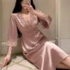 Women's V-Neck Lace Patchwork Backless Three Quarter Sleeve Nightgown