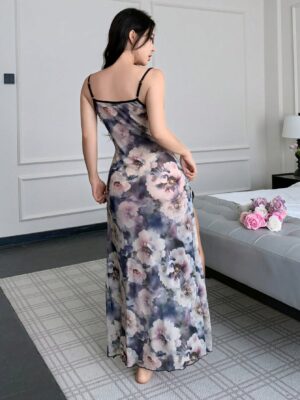 Lace Trim Floral Pattern Sexy Open Slit Mesh Women's Nightgown