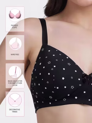 Black Star Print Padded Wirefree T-Shirt Bra