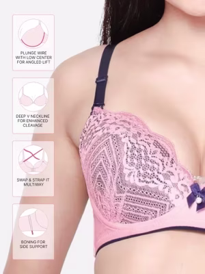 Candy Pink Full Lace Contrast Cup Plunge Bra