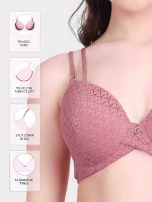 Coral Pink Double Straps Criss Cross Front Padded Wired Bra