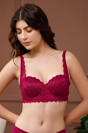 Full Coverage Bridal Balconette Bra in Crimson Red - Lace
