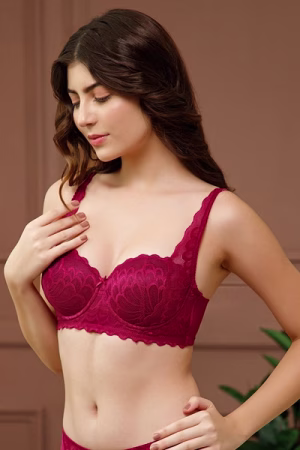 Full Coverage Bridal Balconette Bra in Crimson Red - Lace
