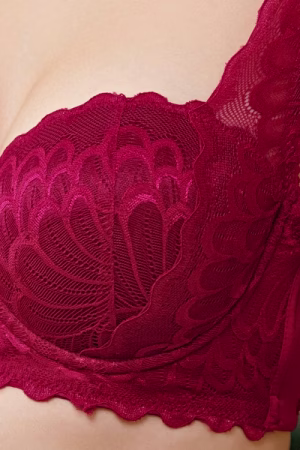 Full Coverage Bridal Balconette Bra in Crimson Red - Lace