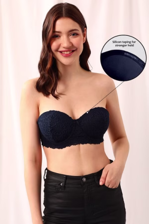Full Coverage Self-Patterned Multiway Strapless Balconette Bra in Navy - Lace