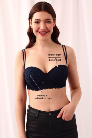 Full Coverage Self-Patterned Multiway Strapless Balconette Bra in Navy - Lace