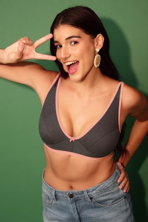 Non-Padded Non-Wired Demi Cup Bra in Dark Grey - Cotton