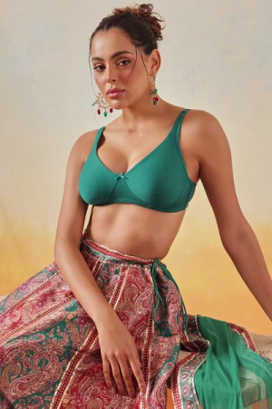Non-Padded Non-Wired Full Coverage Bra with Double Layered Cups In Green - Cotton Rich