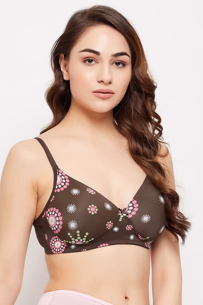 Padded Non-Wired Full Cup Printed T-shirt Bra in Brown