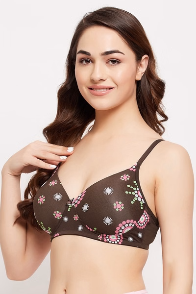 Padded Non-Wired Full Cup Printed T-shirt Bra in Brown