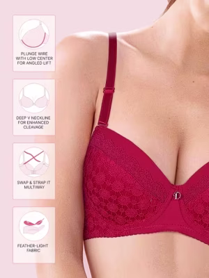 Red Lace Cut Work Padded Wired Bra