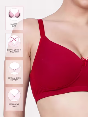 Red Solid Cotton Double Padded Everyday Bra