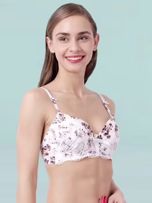 White Brown Printed Lace Cup Padded Wired Bra