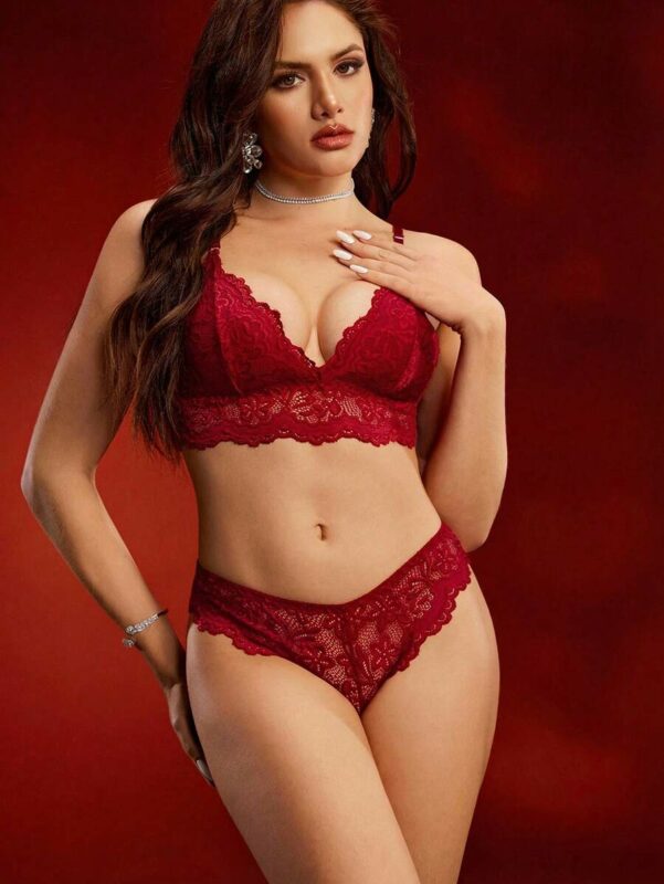 Women's Fashion Sexy Solid Color Breathable Wireless Lace Bra And Panty Set