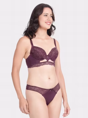Dark Purple Decorative Gore Pushup Bra And Thong Panty Lingerie Set