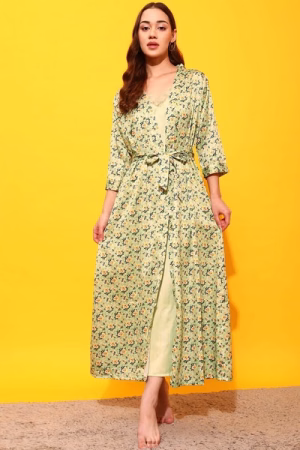 2 Pc Set in Mint Green - Long Night Dress & Floral Print Robe - Satin