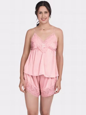Baby Pink V Lace Neckline Solid Satin Shorts Set