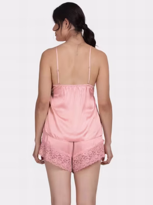 Baby Pink V Lace Neckline Solid Satin Shorts Set