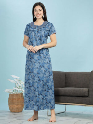 Blue Nightgown Printed Embroidered