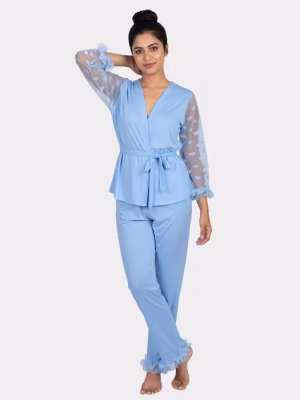 Blue Short Robe And Pant Nightwear Set