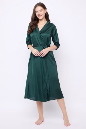 Chic Basic Long Robe in Dark Green - Satin